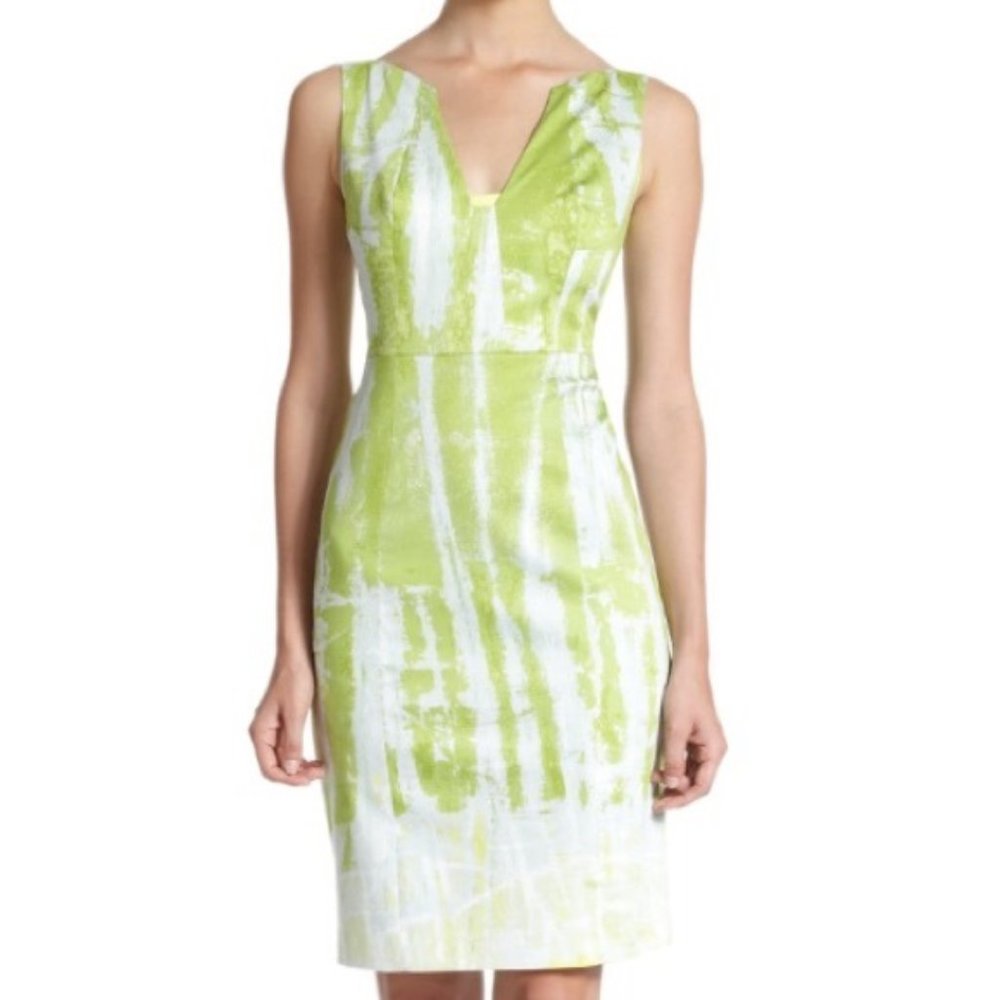 NWT New T Tahari Rosalia Green Print V-Neck Midi Sheath Dress Abstract Tie Dye 6